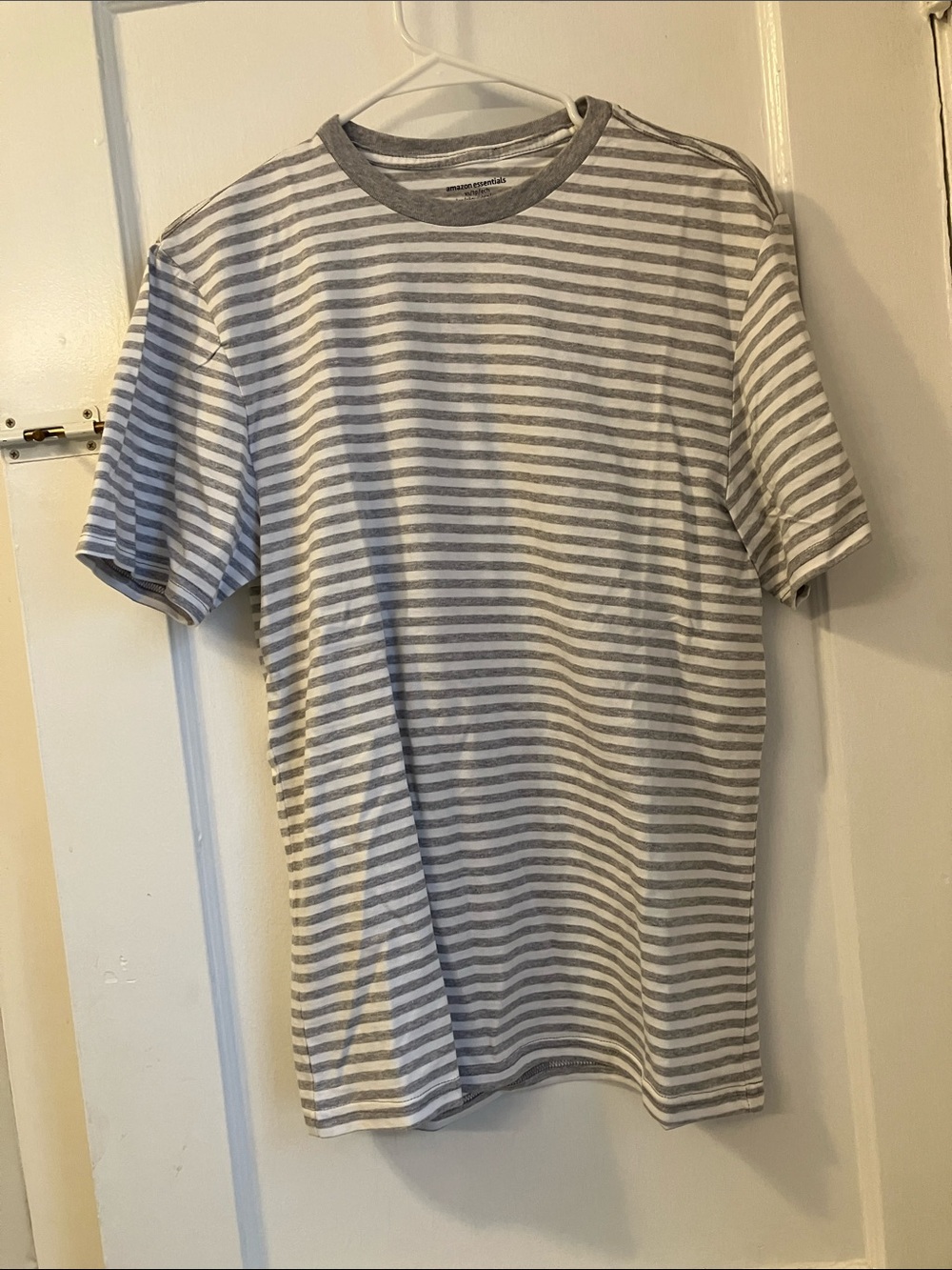 Amazon Essentials Men’s Gray & White Stripe Short Sleeve Crewneck Tee